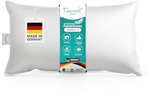 Traumwelt Natur Made in Germany 3-Kammer Daunen Kopfkissen 40x80 cm | weiß, Allergiker geeignet, Öko-Tex 100 Klasse 1 Zertifiziert, Downpass