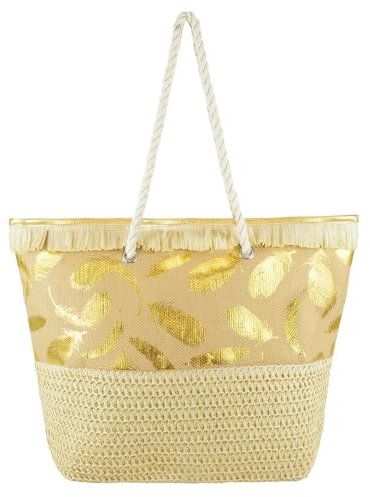 A2Z Women Straw Beach Bags Ladies Fashion Shoulder Bag Paper Straw - Beach Bag AZ71170 Feather Gold