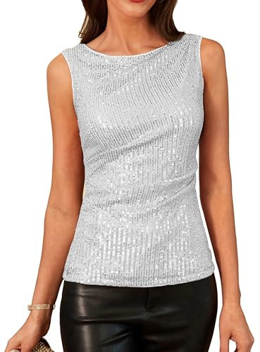 GRACE KARIN Damen Funkelnde Pailletten Westenoberteile Ärmellos Rundhals Abend Ausgehoberteile Silberweiß XXL