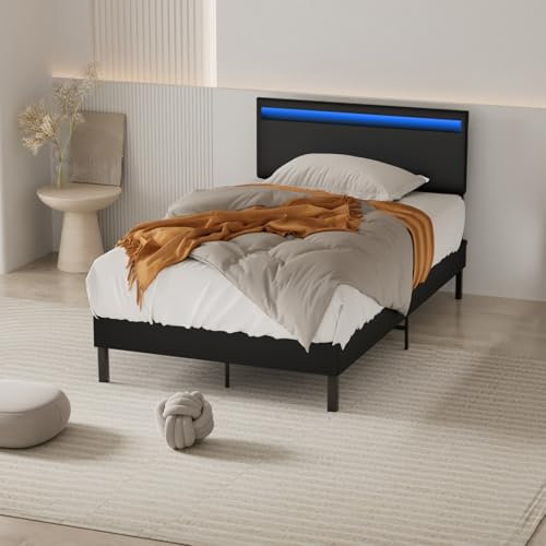 Eulenke Polsterbett 120x200cm mit LED Beleuchtung, bettgestell mit Kopfteil, Stabiler Holzlattenrost + Gute Qualität Leder, Hochwertiges Einzelbett, Matratze Nicht im Lieferumfang enthalten, Schwarz