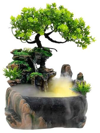 Zimmerbrunnen mit LED Beleuchtung Tischbrunnen Wasserfall mit Nebel IndoorWasserfall Steingarten Zimmerbrunnen Grüne Pflanze Brunnen für Home Schlafzimmer Schreibtisch Dekoration 28 x 20 x 15 cm
