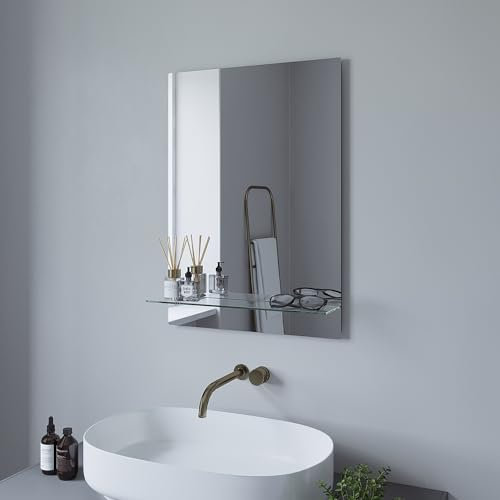 AQUABATOS Badspiegel mit Ablage ohne Licht Beleuchtung 50 x 70 cm Wandspiegel Badezimmer Spiegel ohne Rahmen Badezimmerspiegel Hängespiegel Rechteckig Glasregal Glasablage