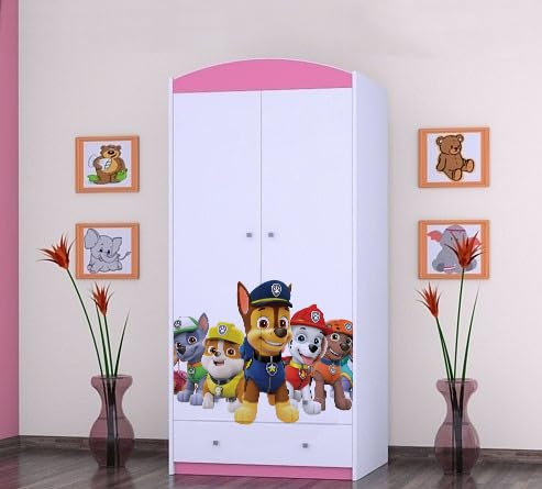 BDW - Kinder Kleiderschrank - Kinderschrank Super Hunde Motiv - Aufbewahrungsschrank für Jugendzimmer, Kinderzimmer - Drucke aus sicheren Farben - 187x88x54cm - Rosa - Das Team