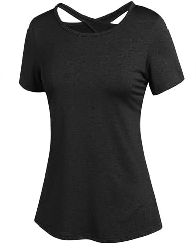 PINSPARK Damen Sport T-Shirt Kurzarm Funktionsshirt Rückenfreies Sportshirt Laufshirt Oberteile Leicht Fitness Oberteil Yoga Workout Gym Top Schwarz XL