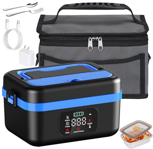 Lonchera eléctrica inalámbrica para adultos, lonchera térmica alimentada por pilas, 1 litro, con aislamiento de alimentos, con tenedor y cuchara, bolsa de transporte aislada para conductores de