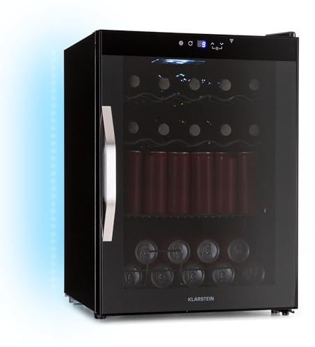 Klarstein Coachella 60 Getränkekühlschrank - 60 L Getränkekühler mit WLAN, Glastür, LED-Beleuchtung, 3-18 °C, 3 Metallablagen, Balanced Light, Energieeffizienz E, Schwarz