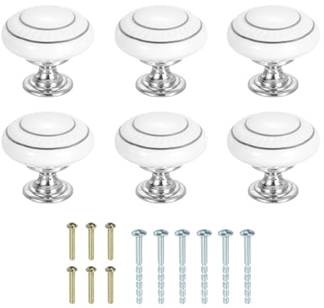sourcing map Ceramic Knobs 35mm/1.38 with Screws Silver Circle/White 6Pcs | Round Drawer Pull Handle,Vintage Drawer Knobs,for Vanity Bedroom Furniture Closet