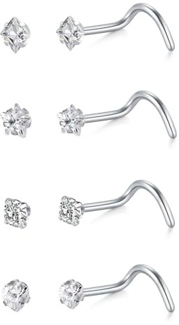 LAURITAMI 4 Pezzi Piercing Naso Brillantino Acciaio Inox 20G Nostril Piercing CZ Orecchini Naso Signore Uomini Argento Oro Nostril Borchi