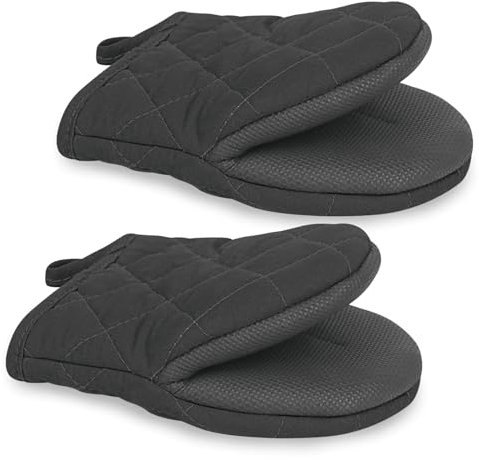 1 Pair Oven Gloves, Silicone Kitchen Oven Gloves High Heat Resistant 500℉, Mini Oven Mits with Non-Slip Grip Surfaces and Hanging Loop Silicone Oven Mitts for BBQ, Baking, Cooking and Grilling (Black)