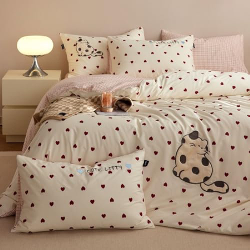 Sedefen Bettwäsche 135x200 cm Weiß Rot Herzen Katzen Wende Bettwäsche Set für Kinder Mädchen,Stickerei ÖKO-TEX Bettwäsche Kariert Bettbezug mit Reißverschluss und 1 Kissenbezüge 80x80cm