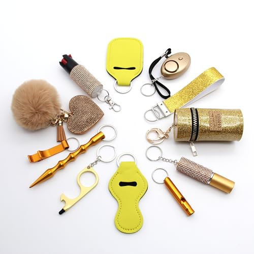 KH-Security 12-teiliges Selbstverteidigung Set - Siecherheit Schlüsselanhänger Geschenk für Damen - Pfefferspray Kubotan Schrill Alarm Taschenlampe Pfeife u. m. (Gold)