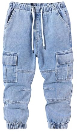 Verdusa Boy's Baggy Jeans Cargo Drawstring Waist Flap Pocket Joggers Carrot Denim Pants Light Wash 5Y