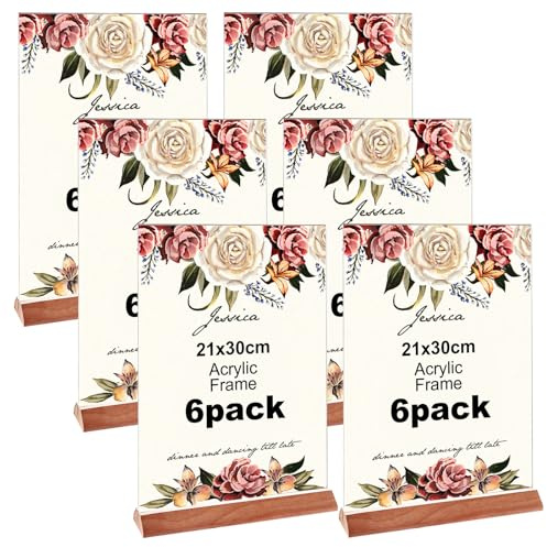 DAJAVE 6 Stück Aufsteller A4, 21X30 CM Tischaufsteller A4, Bilderrahmen Doppelseitiger Ständer aus Acryl und Holz, Menükartenhalter, Plakatständer für Aufsteller, Flyer, Speisekarten