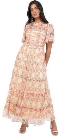 Anaya with Love Women's Women's Midaxi Dress Ladies Recycled Short Sleeve High Neck Floral Sequin Embellished Tulle Tiered Frill Ruched A-line Dress (Pack of 1)