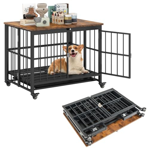 COSTWAY Hundekäfig Möbel, klappbar, Hundehütte mit Rollen, herausnehmbarem Tablett & abschließbarer Tür, 2 in 1 Beistelltisch Hundebox Indoor, Tierkäfig Metall Holz, Vintagebraun (80 x 61 x 64 cm)