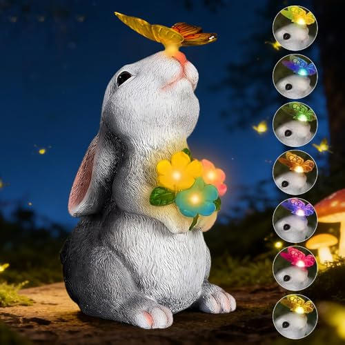 Jonuin Solar Kaninchen Figuren Gartendeko für Draußen, 22.5cm Solar Gartenfigur Hase mit Schmetterling & 7 Farben LED Leuchten, Geeignet für Rasen Balkon Teich Garten Draußen Deko, Ostergeschenk