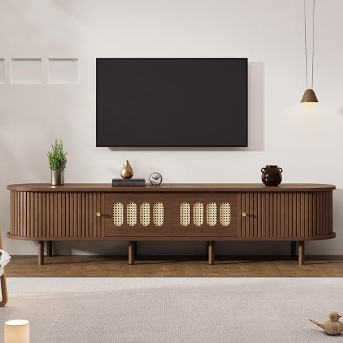 Jaxenor 180cm TV Cabinet with 2 Drawers and 2 Roller Shutter Doors, Walnut | Oval TV Stand Cabinet with Rounded Corners, Modern Entertainment Unit for Living Room, Bedroom, Suitable for 80 Inch TV