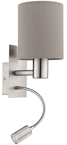 EGLO Wandlampe Pasteri, 2-flammige Textil Wandleuchte mit LED Leselicht, Leselampe aus Metall in Silber und Stoff in Taupe, E27 Fassung