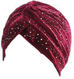 UK_Stone Damen Hijab Kopftuch Chemo Kopfbedeckung aus Samt Arabisch Turban mit Glitzer Dekor Unifarbe für Winter oder Herbst, Weinrot