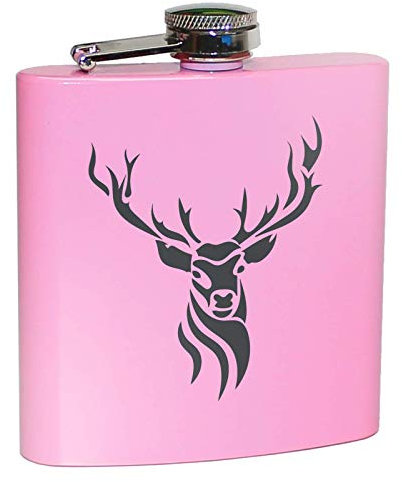 Flachmann Pink mit Hirsch Geweih, 6 oz | Geschenk für Frauen | Jägerin, zum Wandern, Skifahren, Bergsteigen, Winter Urlaub, Touren gehen etc. | Alkohol Flasche Rosa lustig