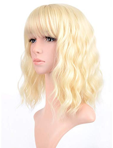VCKOVCKO Platinblond Pastell Wellig Perücke mit Air Bangs Kurze Hellblonde Perücken Synthetische Perücke Für Cosplay Party Bob Style Synthetische Cosplay Perücke Für Mädchen (12, Platinblond)