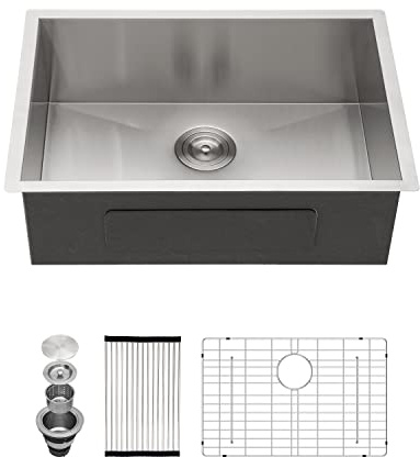 Kichae 26 Inch Undermount Kitchen Sink Single Bowl Stainless Steel Kitchen Sink 26 Under Mount Round Corner Deep Basin 26x18x9 Inch