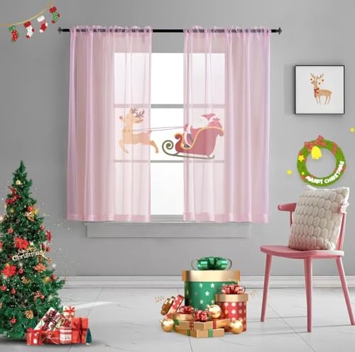 Lot de 2 voilages Courts translucides de Noël Rose Layette de Couleur Unie de 114 cm de Long avec Passe-Tringle pour Petites fenêtres, Chambre à Coucher, Salon, Cuisine - 132 x 114 cm