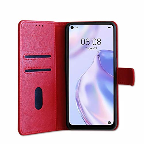 PH26 Housse Portefeuille dédiée au Huawei P40 Lite 5G - façon Cuir grainé avec Languette aimantée rangements pour Cartes, Finitions surpiquées et Support vidéo (Red)