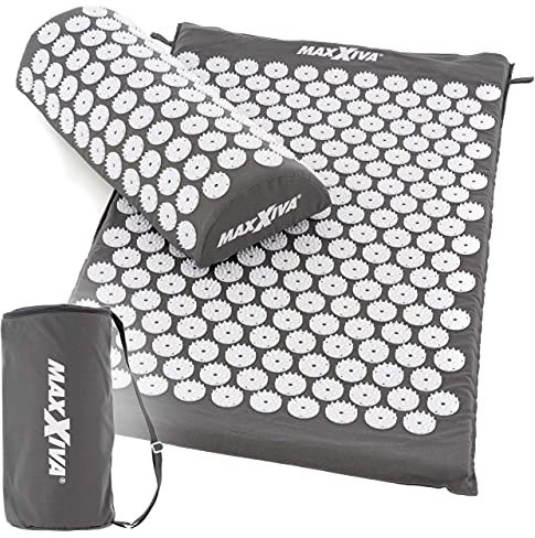 MAXXIVA Akupressurmatte Set 75 x 42 cm mit Kissen mit Tragetasche Yantramatte Fakirmatte Durchblutung Massage (Grau)