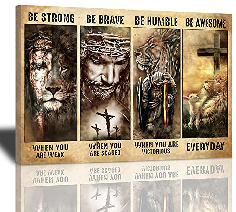 Jesus Decor Wandkunst, christliches religiöses Gemälde, Leinwand, Kreuz, Krieger, Löwe und Lamm Be Brave, Drucke, Kunstwerk, bestes Geschenk, gerahmt für Schlafzimmer, Wohnzimmer