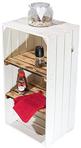 Truhenking Schmale Regalkiste mit 2 Böden I Bücher, Schuhe, Geschirr I Holzregal | Küchenregal Hochformat 2 Regalböden (Weiß/Geflammt 68x40x31cm)