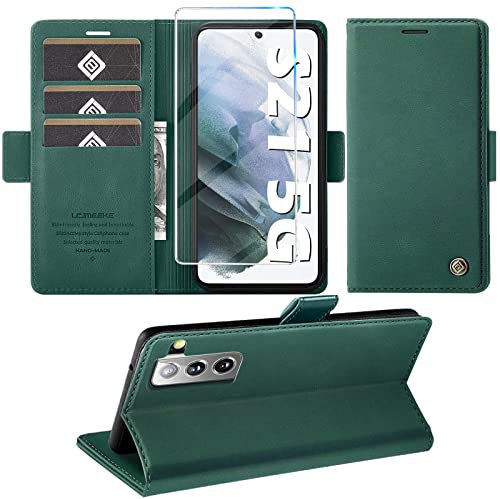 Handyhülle für Samsung Galaxy S21 Hülle mit Schutzfolie, Standfunktion Kartenfach Wallet Premium Leder Schutzhülle Galaxy S21 5G Flip Case Cover Stoßfeste Klapphülle (Grün)