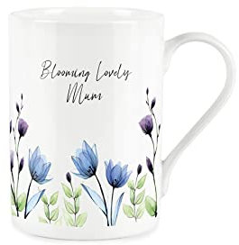 Purely Home Lovely Mum Flowers Mug - Blue Lilac Blooming Blooms - Bone China Style White Mug Coffee/Tea Present Gift