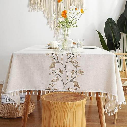 Pahajim Tischdecke Rechteckig Baumwolle Leinen Tischtuch Abwaschbar Wasserdicht Quasten Design für Küche, Esszimmer, Outdoor, Garten Tischdekorationen(Beige,140x220cm)