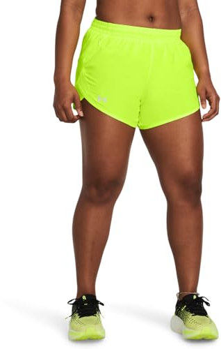Under Armour Women's Fly by 3in Shorts, Lightweight and Comfortable Women's Gym Wear, Ladies' Sports Shorts with Ventilation Panels and Zip Pocket,High Vis Yellow/High Vis Yellow/Reflective,XL