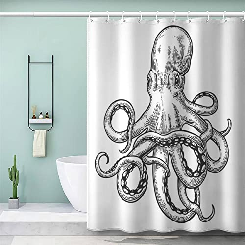 BUMIYA Duschvorhang, Anti-Schimmel Textil Waschbar Krake Anti-Bakteriel Badvorhänge Retro-Muster 3D Wasserdicht Duschvorhänge für Badezimmer (120 x 180 cm)