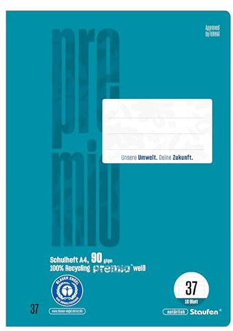 Staufen premio Schulheft - 4 Hefte je 16 Blatt, DIN A4, Lineatur 37 (9mm liniert, Rand perforiert), 90 g/m² Recyclingpapier, runde Ecken verhindern „Eselsohren“