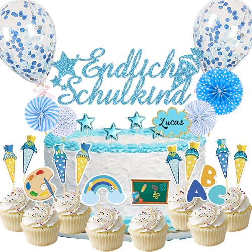 25 Stück Schulanfang Tortendeko, Tortendeko Einschulung, Einschulung Deko Kuchen Papierfächer für Junge und Mädchen Schulanfang Party Dekoration (Blau)