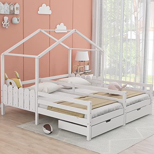 Hausbett, Doppelbett, Kinderbett 200x90cm, Gitterbett mit 2 MDF-Schubladen, Schubladen auf Rollen, Lattenrost aus Kiefer, Weiß