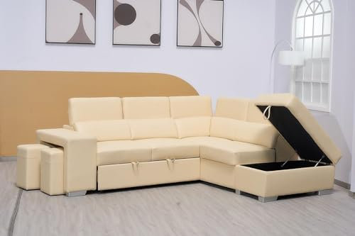 Cream Bonded Leather Multi-functional Corner Sofa - Cheap Left & Right Sofa Bed With Storage & Stools And Ottoman for livingrooms 3008 (RIGHT HAND SIDE)