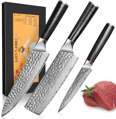Home Safety 3 Pièces Ensembles de Couteaux Cuisine, Set Couteau Cuisine Damas, 67 Couche Acier Couteaux Japonais - Couteau de Chef 19,3CM, Couteau Nakiri 17,4CM, 12,5CM Couteau Universel