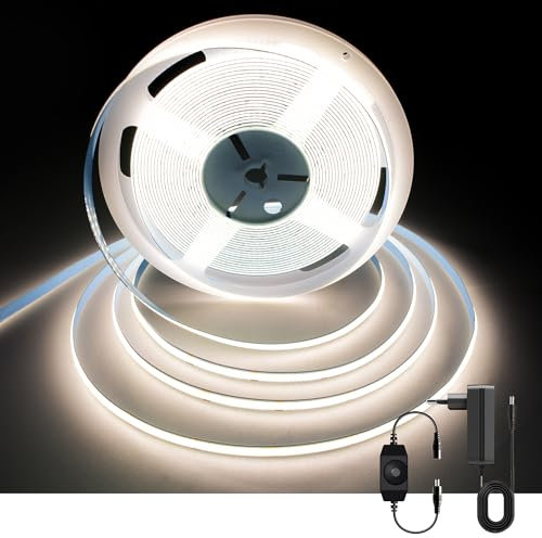 AXMOTUT COB LED Streifen 10m, Natürliches Weiß 4000K 24V 320LEDs/M CRI90 LED Strip Light, Dimmbar LED Streifen mit Netzteil, für Zuhause Partei deko, DIY Dekoration