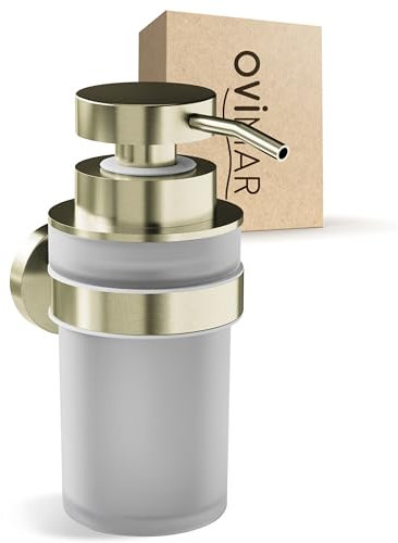 ovimar Distributore di sapone Akrasanden Gold | con supporto a parete per foratura | in acciaio inox e vetro | apertura extra large facile da riempire | per bagno o cucina | Dosatore disinfettante