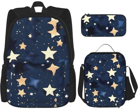YANDM Navy Blue Sky And Stars Backpack 3 Pcs Set Travel Hiking Lightweight Laptop Pencil Case Insulated Lunch Bag For Women