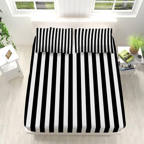 Spannbettlaken 180x200cm Schwarz-Weiß Gestreift Spannbetttuch Weich und Atmungsaktiv Gebürstete Mikrofaser Bedding 30cm Tiefe Tasche Bettlaken für Kinder Erwachsene