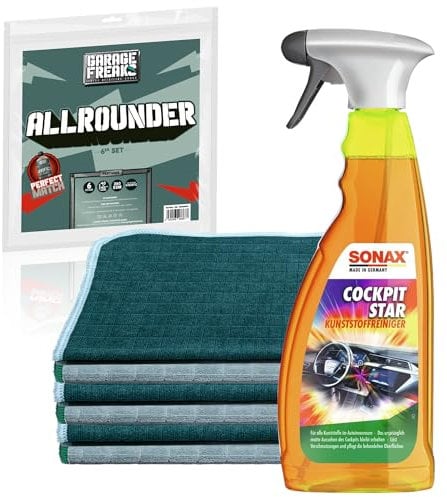 Auto Cockpitpflege Set | Sonax CockpitStar 750ml Kunststoffreiniger Innen + 6X Mikrofasertuch | Reinigungsset für alle Kunststoffteile im Innenraum | Cockpitspray