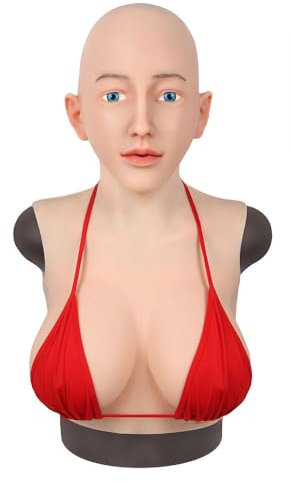 Oppaionaho Künstliche Crossdresser realistische weibliche Silikonmaske gefälschte Brust D Cup voller Kopf Frauen Gesichtsmaske Drag Queen Cosplay (#03,Silicone Filler)