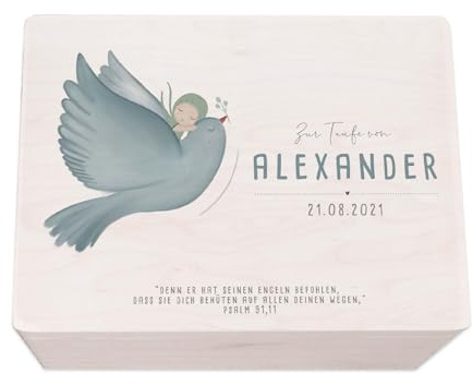 hellomini Taufgeschenke - Personalisierte Erinnerungsbox Taufe aus Holz - Taufgeschenke für Mädchen - Taufgeschenke Jungen - Taufe Geschenk (Taube/Kind Druck, L: 40x30x23cm)