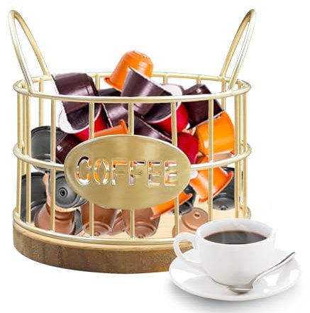 Deamos Capacity Coffee Pod Holder,Coffee Pod Organizer,Coffee Pod Storage,Coffee Bar Accessories,K Cup Holder Coffee Pod Organizer with Wooden Base for Kitchen Coffee Bar Office (Gold)
