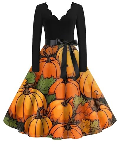 JKJFJKA Halloween Kostüm Kleider Für Damen Sexy Rüsche V Ausschnitt Lang Ärmel Krawatte Party Kostüm Witzig Halloween Druck Cocktail Schaukel Kleid Orange L Halloween Kostüm Kleid Damen